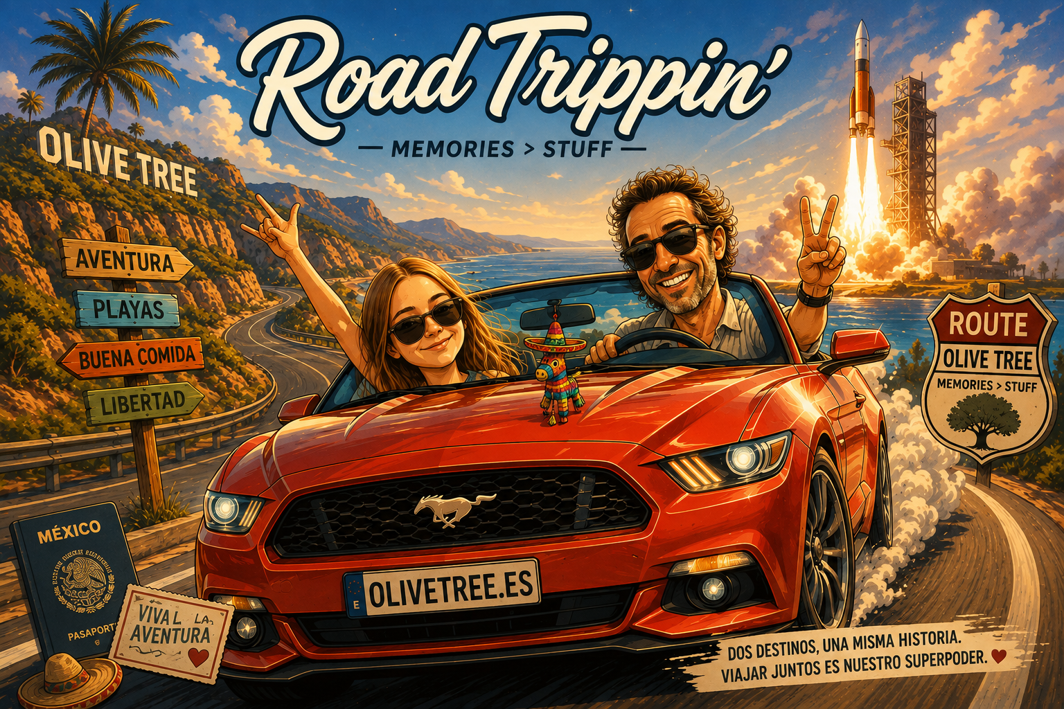 Road Trippin' — Olive Tree, Oliver and Olivia in a red Mustang convertible on a coastal road